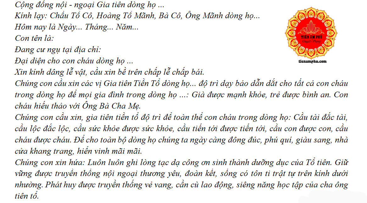 Bài văn khấn ở nhà thờ họ Chuẩn Nhất cho ngày lễ, rằm và mồng 1